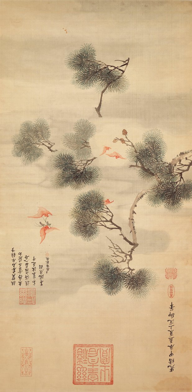 Vijf Vleermuizen te Midden van een Dennentak, 1844 door Chinese School