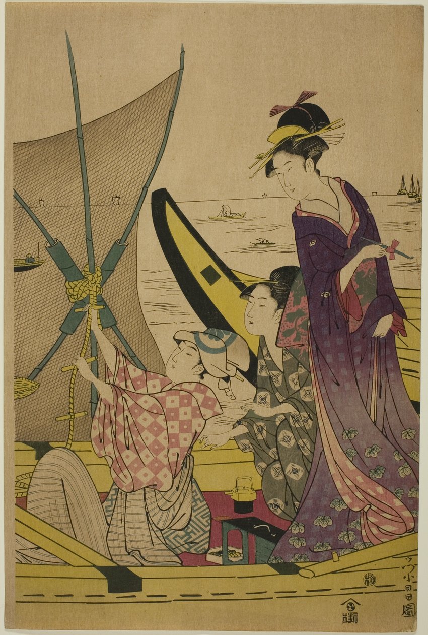 Vrouwen op een vissersboot door Chokosai Eisho