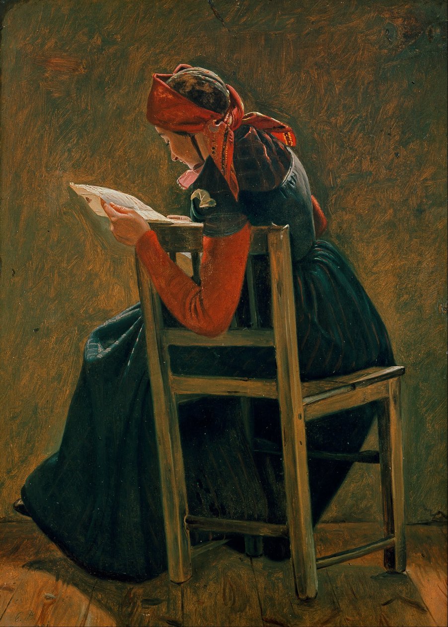 Een jong meisje frem Salling leest. Studie. door Christen Dalsgaard