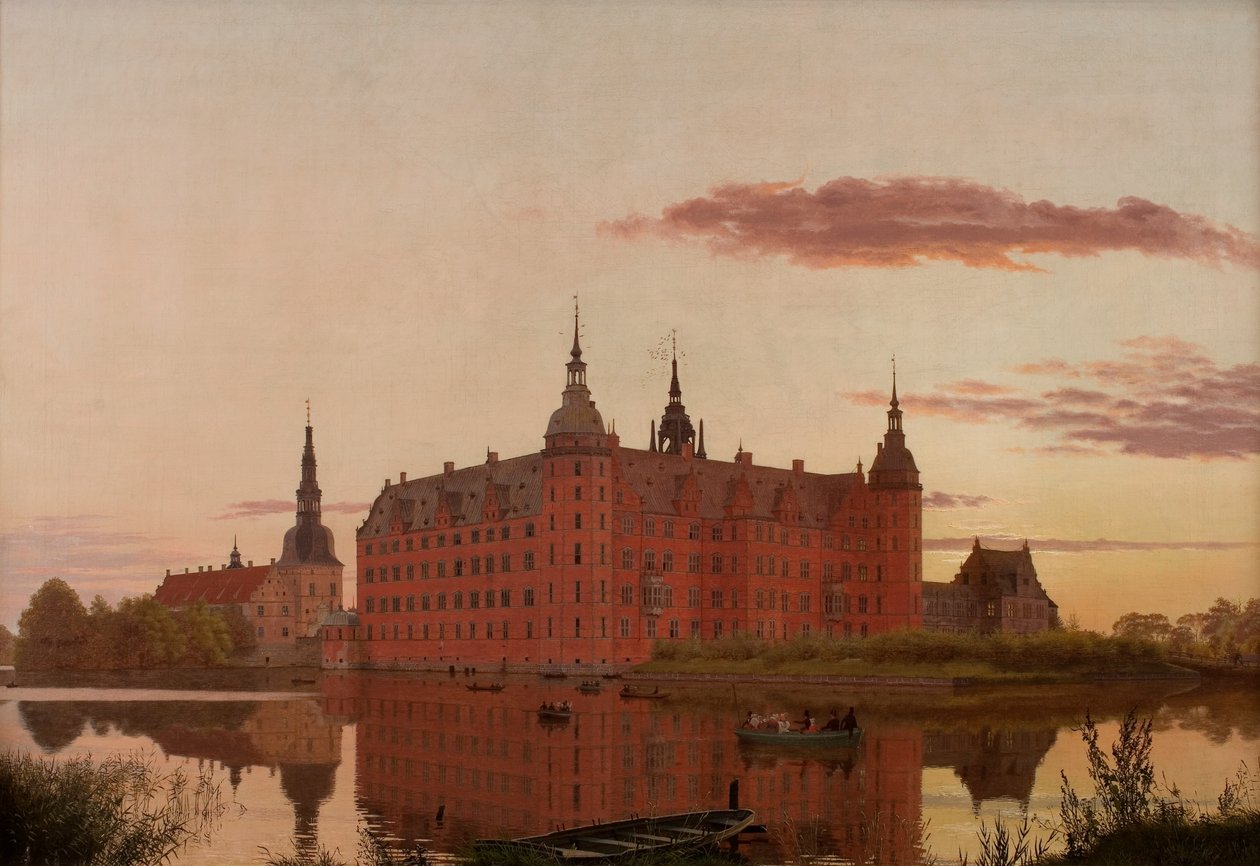 Frederiksborg Paleis gezien vanaf Jægerbakken. Avond. door Christen Schjellerup Købke