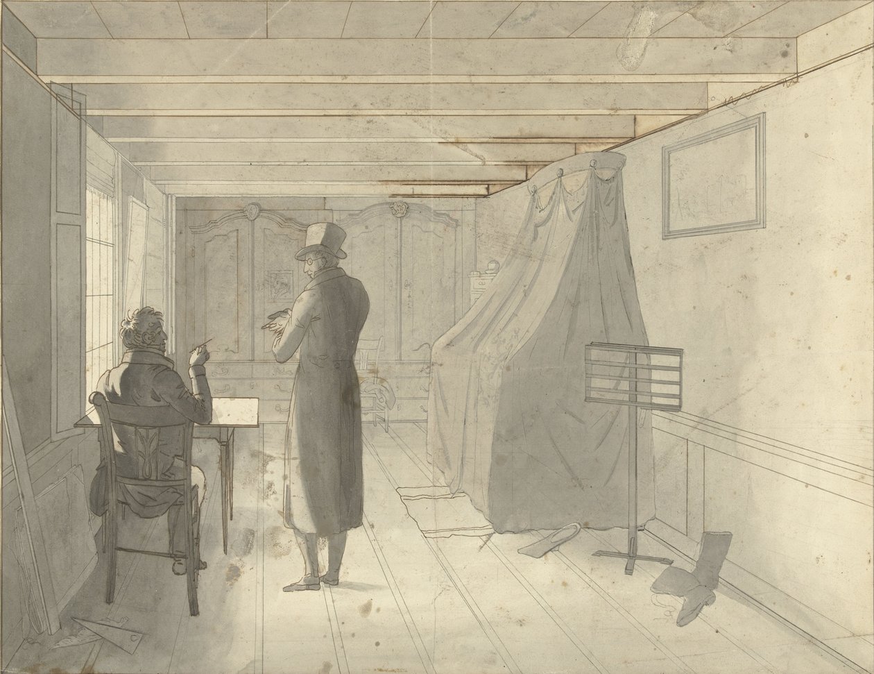 Interieur met twee mannen waaronder een tekenaar door Christiaan Andriessen