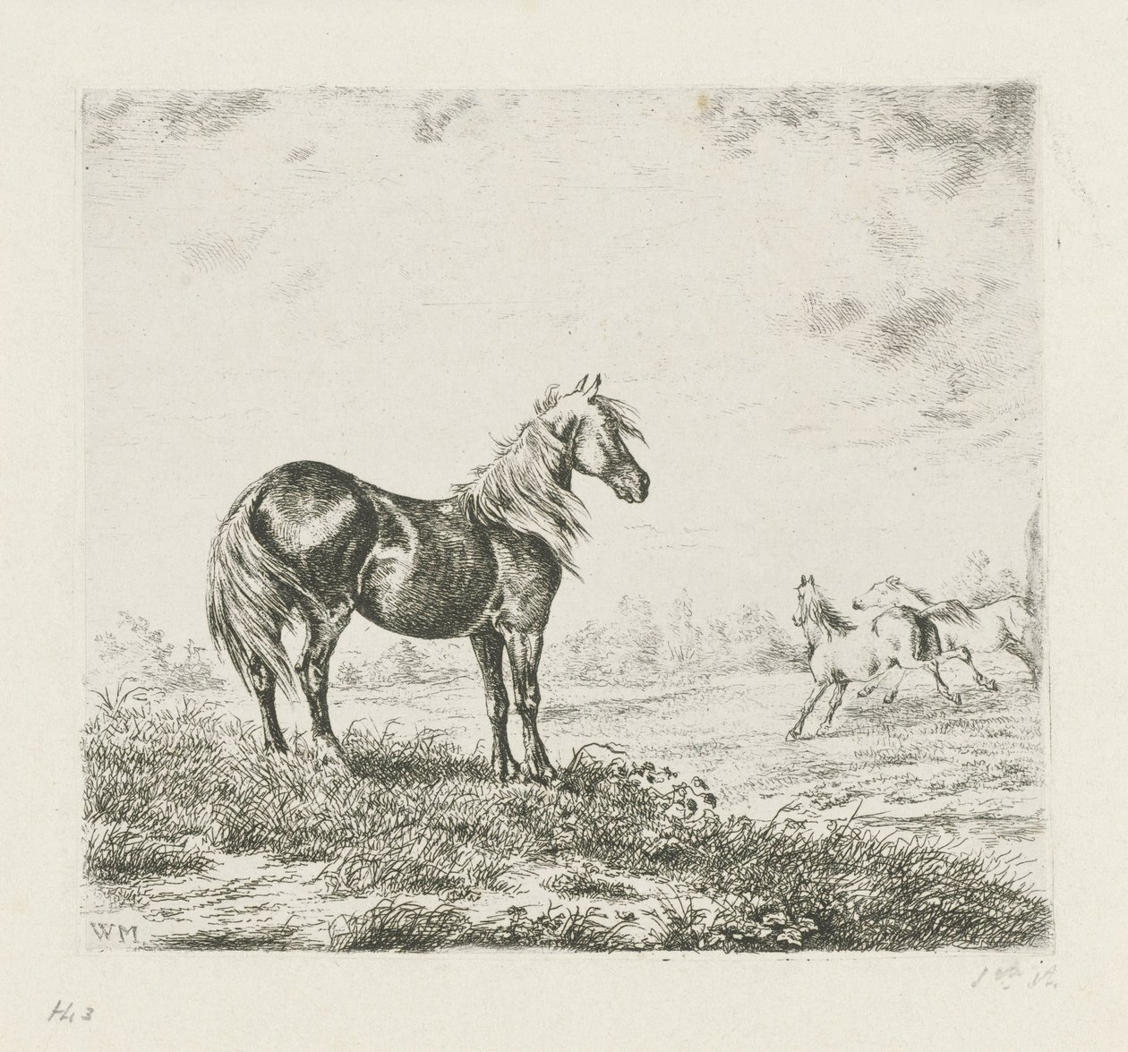 Landschap met drie paarden door Christiaan Wilhelmus Moorrees