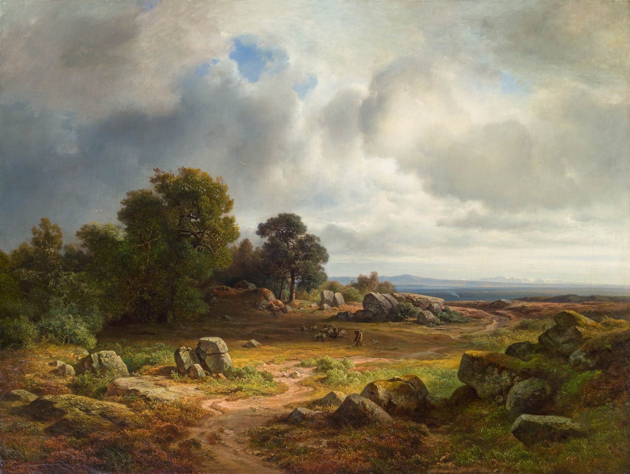 Weids landschap met kudde schapen door Christian Morgenstern