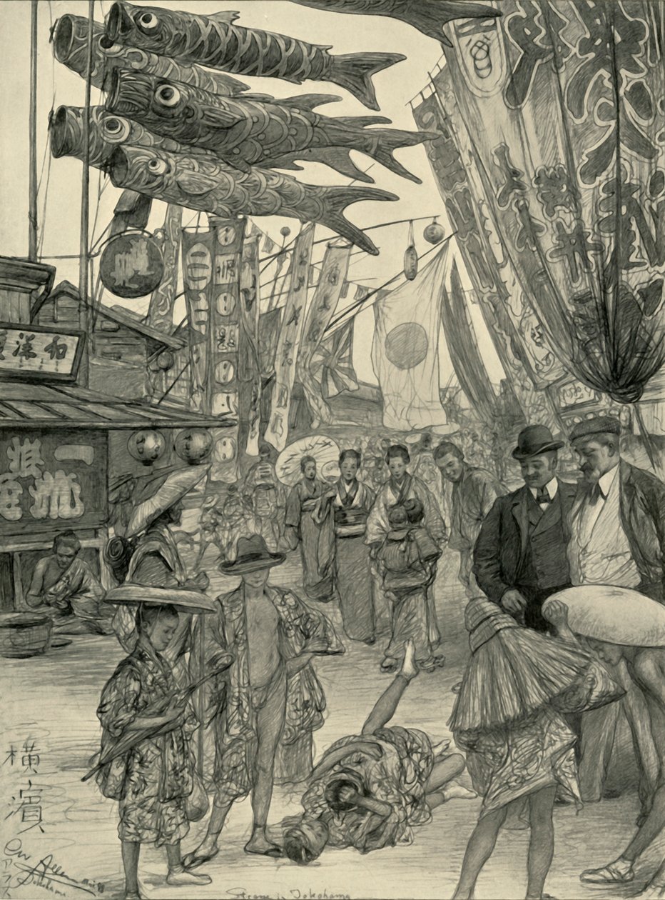Straatscène, Yokohama, Japan, 1898 door Christian Wilhelm Allers