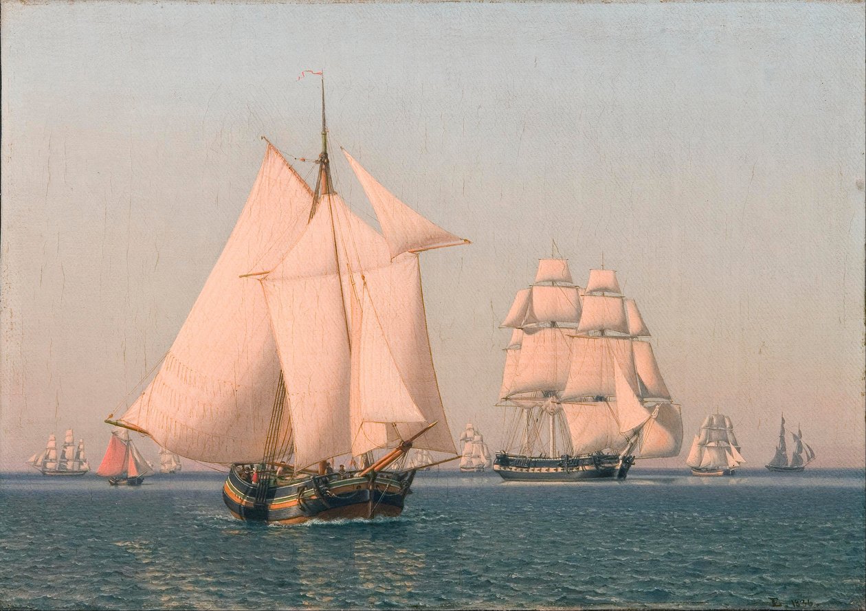 Schepen onder zeil in een milde bries op een heldere zomermiddag door Christoffer Wilhelm Eckersberg