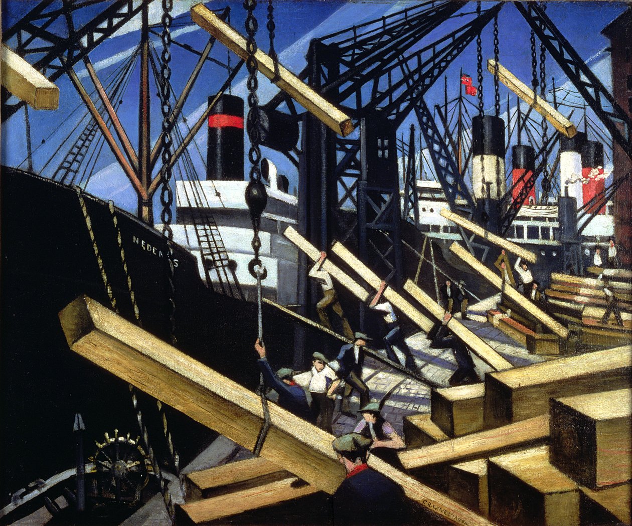 Laden van hout, Southampton Docks, 1916-17 door Christopher Richard Wynne Nevinson