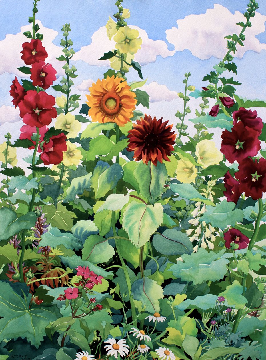 Stokrozen en zonnebloemen door Christopher Ryland