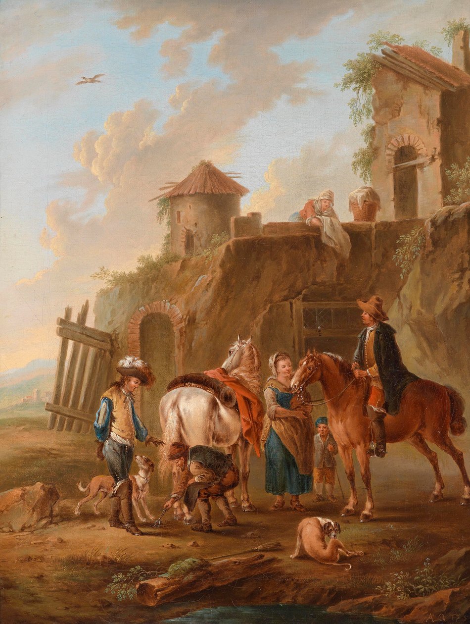 Een jachtgezelschap rustend voor een huis door Circle of August Querfurt