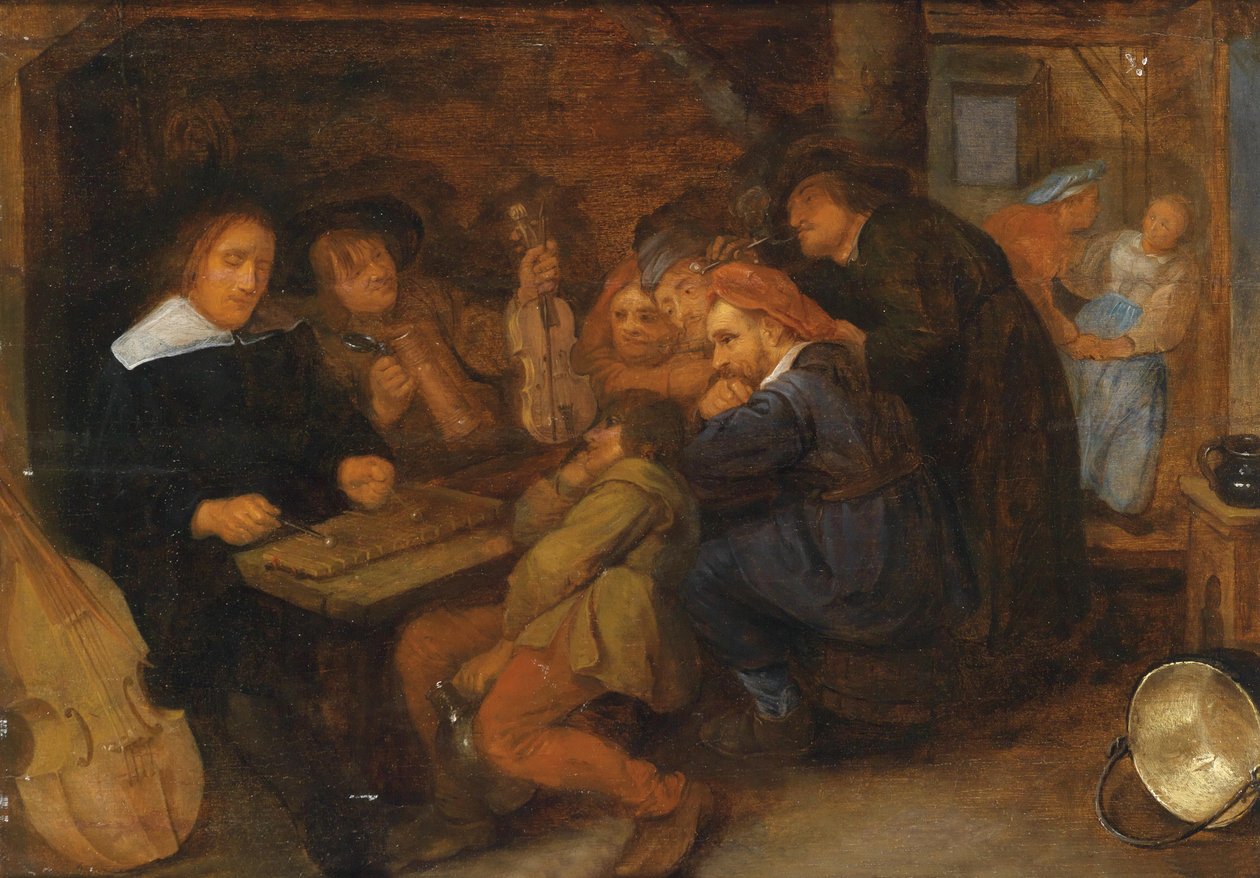 Herberginterieur met musicerende personen door David Ryckaert