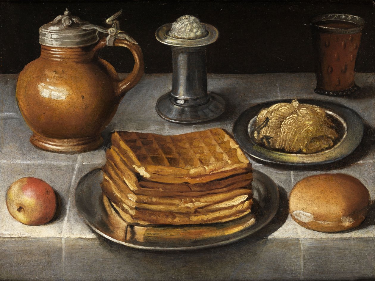 Stilleven met tinnen borden, stenen kruik en wafels door Circle of Georg Flegel