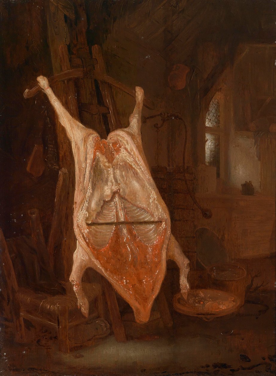 Het geslachte varken door Circle of Isaac van Ostade