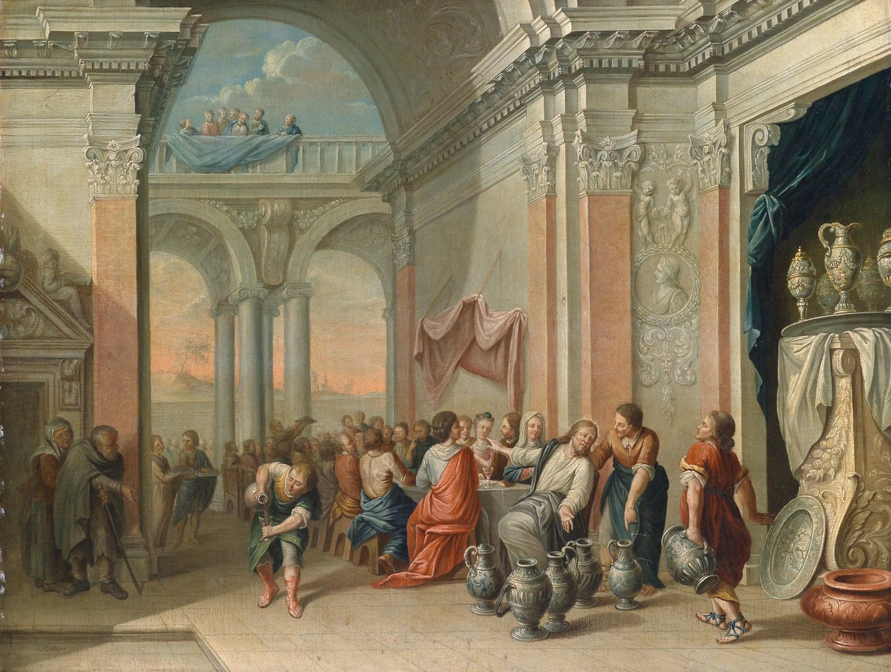 De bruiloft te Kana door Circle of Johann Georg Platzer