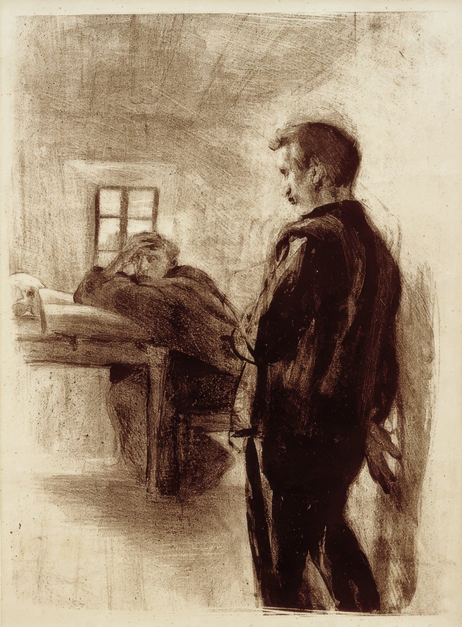 Man en monnik in een cel door Clara Siewert