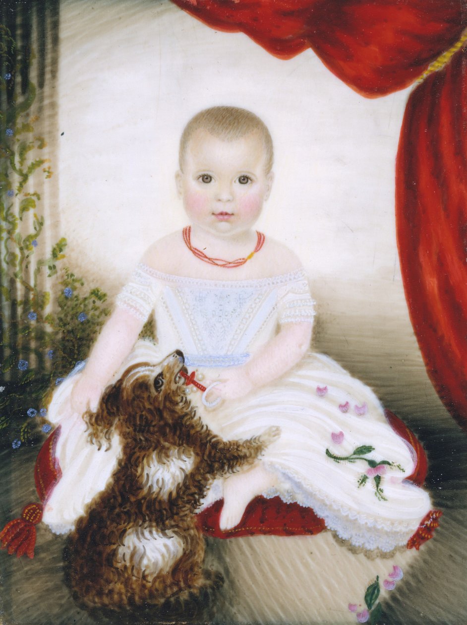 Baby met Rammelaar en Hond, 1842 door Clarissa Peters
