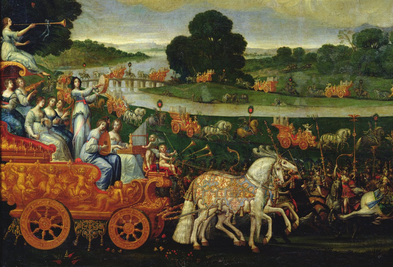 Aarde, detail van de linkerkoets met negen Muzen, ca. 1640-41 door Claude Deruet