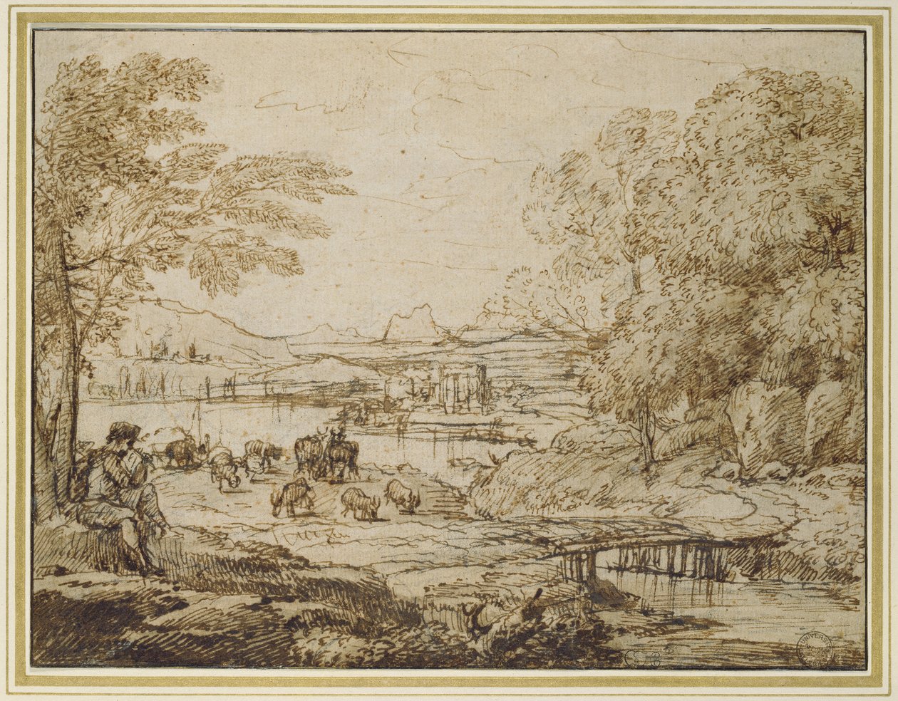 Jongeling die een pijp speelt in een pastorale landschap, c.1640s door Claude Lorrain