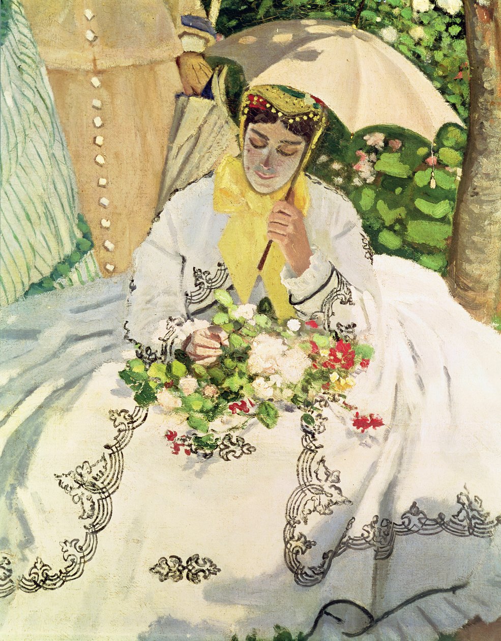 Vrouwen in de tuin (detail van een zittende jonge vrouw met een parasol) door Claude Monet
