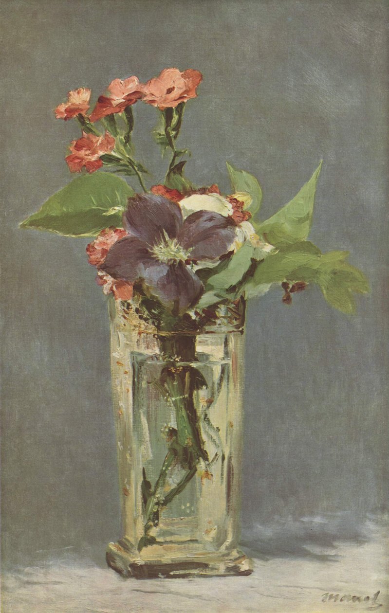 Anjers en clematis in een kristallen vaas door Claude Monet