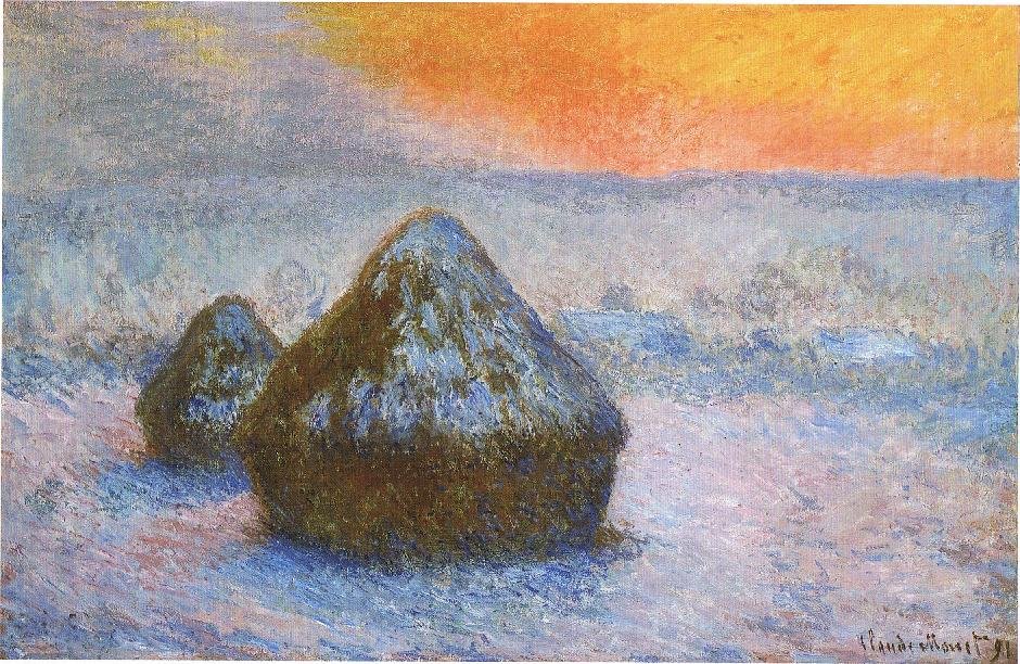 Hooibergen bij zonsondergang, sneeuweffect door Claude Monet