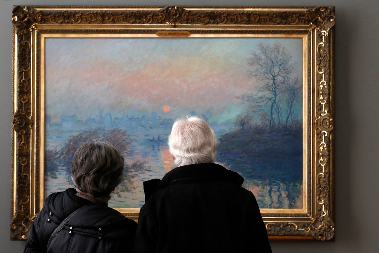 Zonsondergang over de Seine, winter, 1880 door Claude Monet
