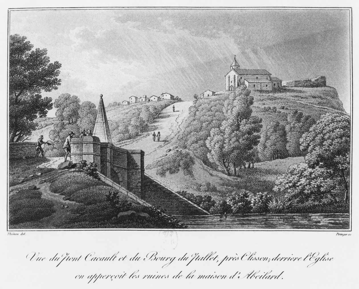 Uitzicht op de Cacault-brug en het dorp Pallet, nabij Clisson, ruïnes van het huis van Abelard, illustratie uit 