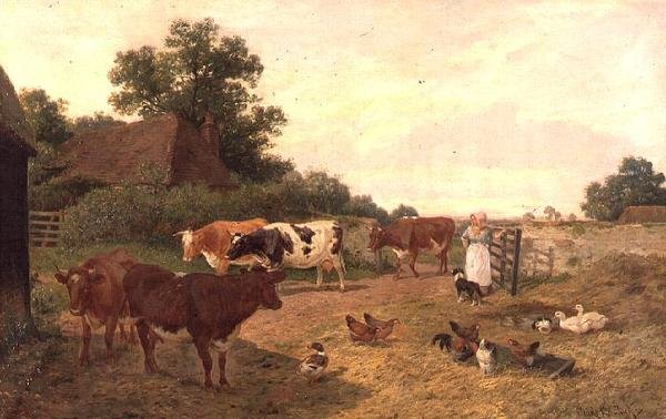 Een Kentse boerderijscène, melktijd door Claude Clark