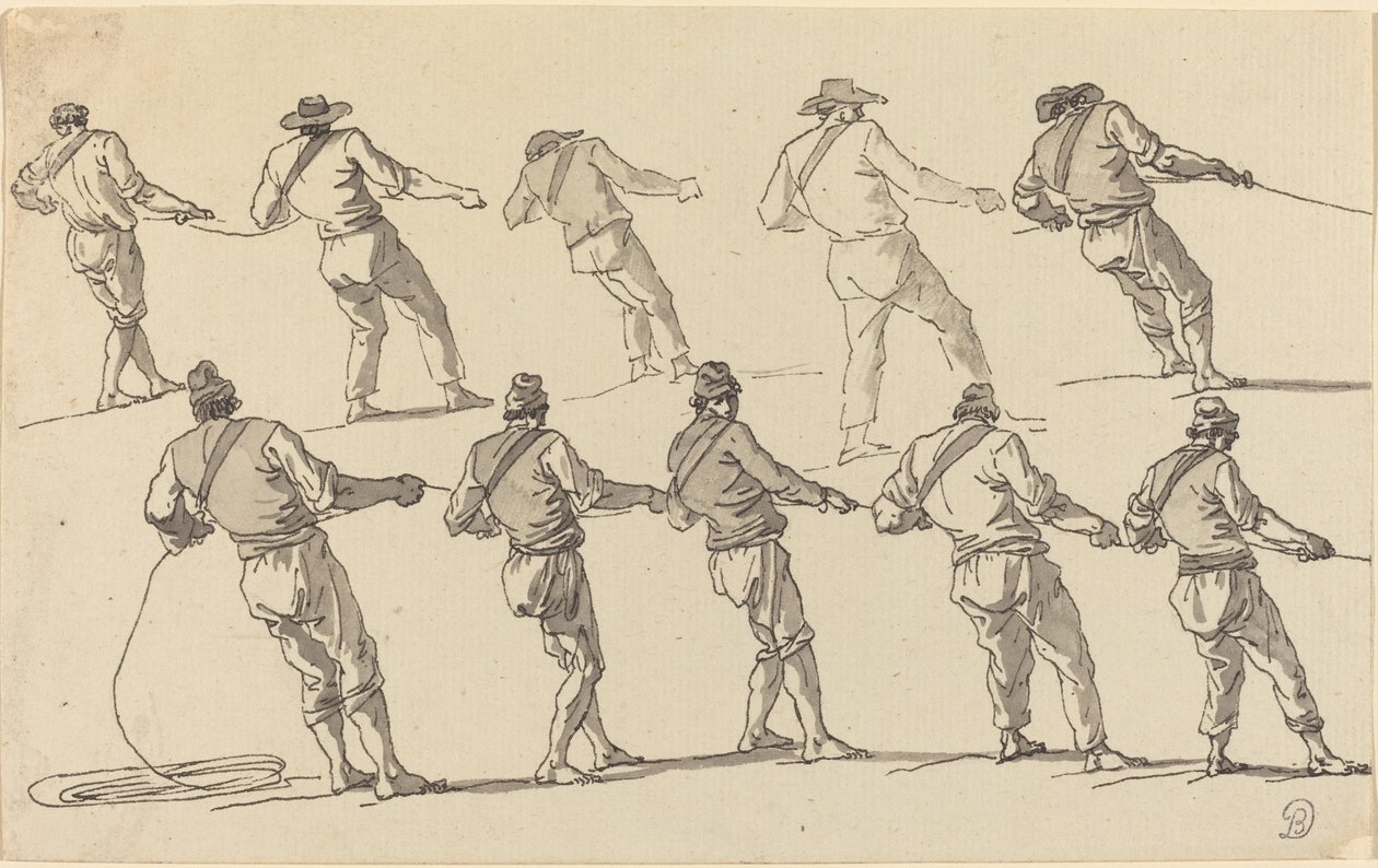Tien mannen die aan touwen trekken door Claude Joseph Vernet
