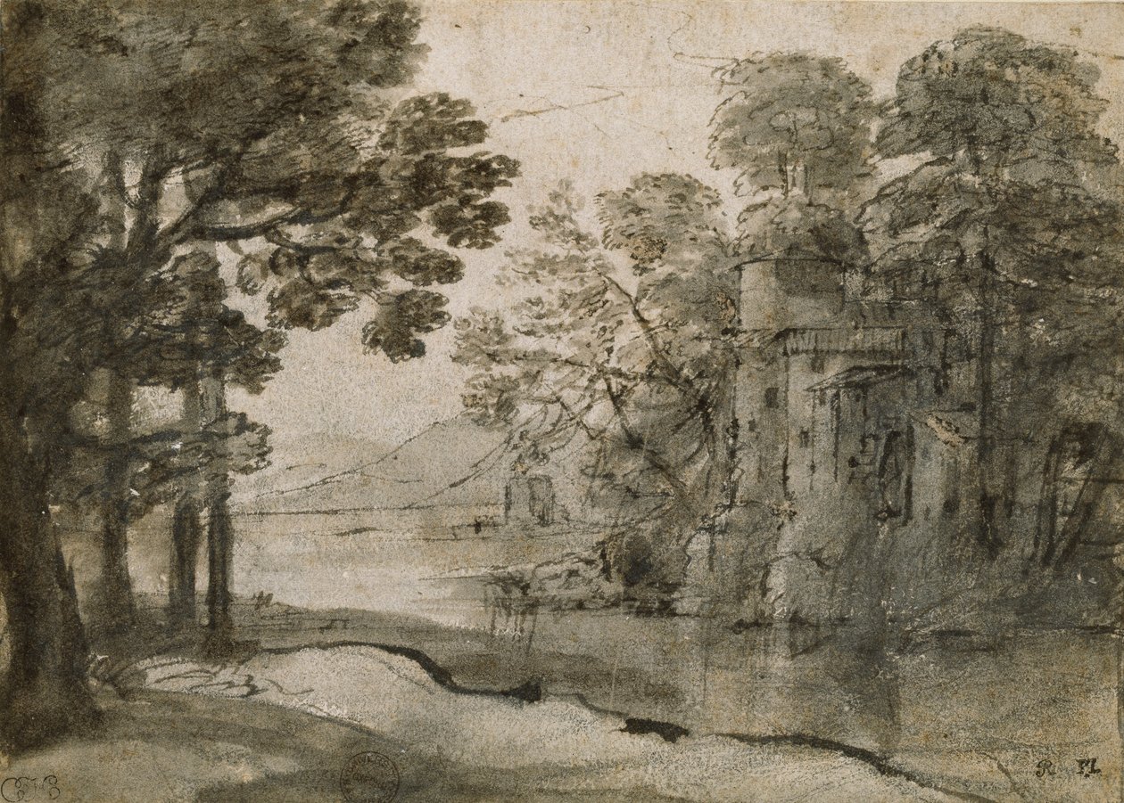 Watermolen tussen bomen, ca. 1635-1638 door Claude Lorrain