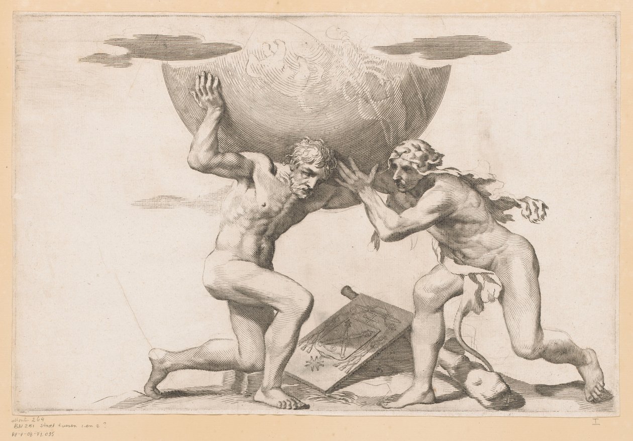 Atlas geeft de hemelbol aan Hercules door Claude Mellan (possibly)