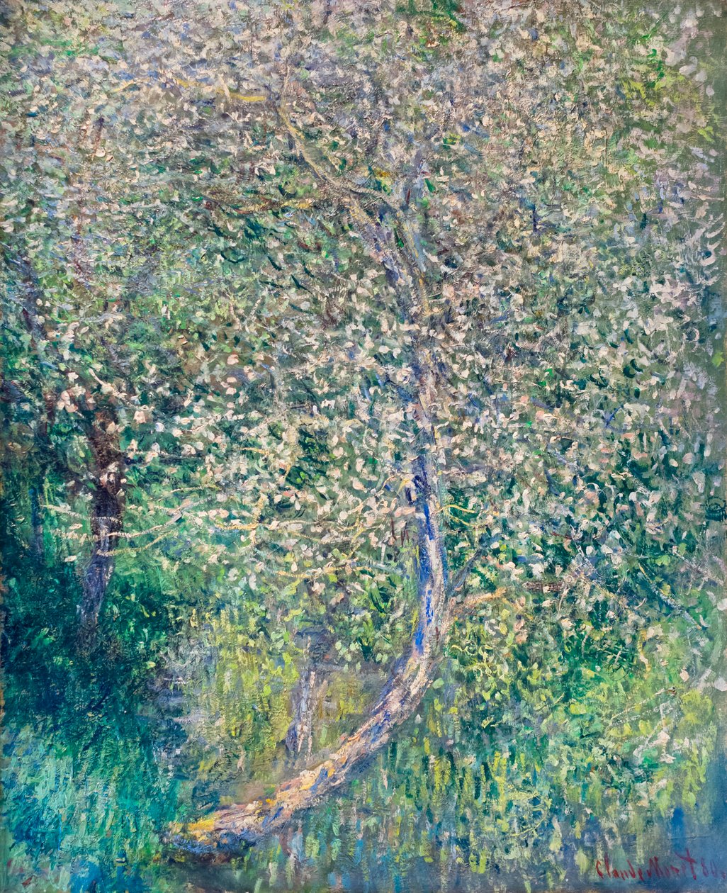 Bloeiende appelbomen aan de waterkant door Claude Monet