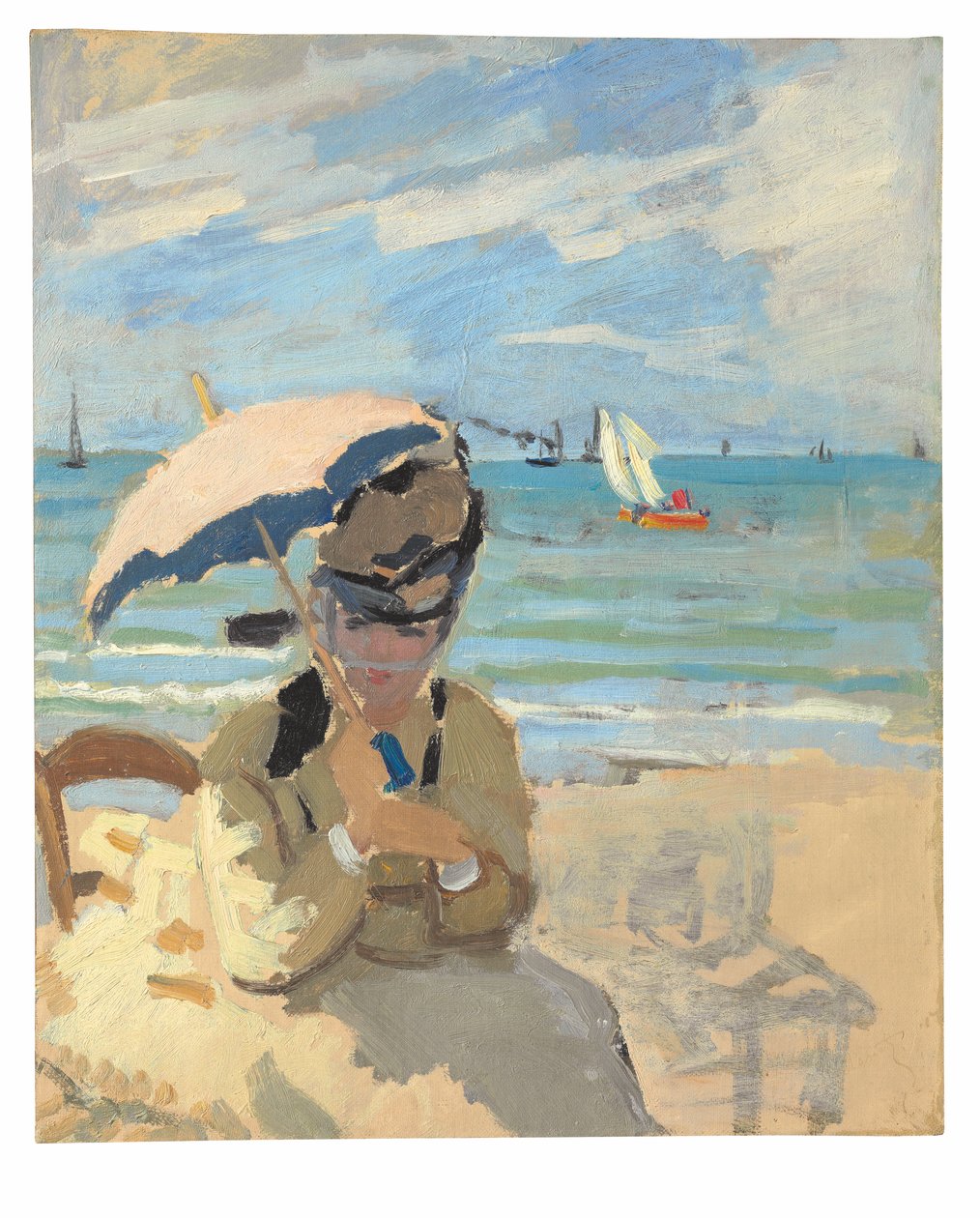 Camille zittend op het strand in Trouville door Claude Monet