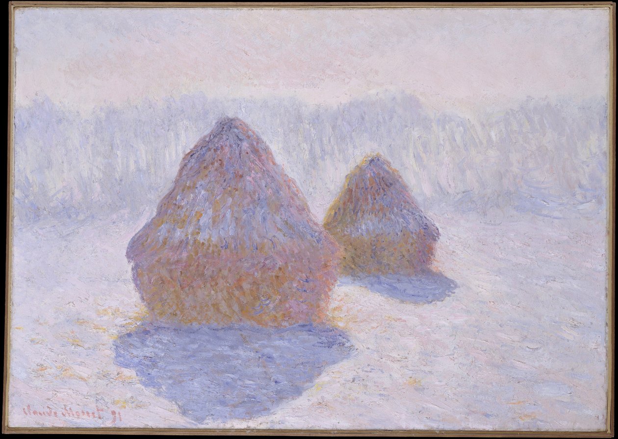 Hooibergen (effect van sneeuw en zon) door Claude Monet