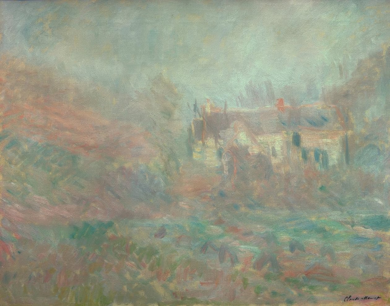 Huizen in Falaise, mist door Claude Monet