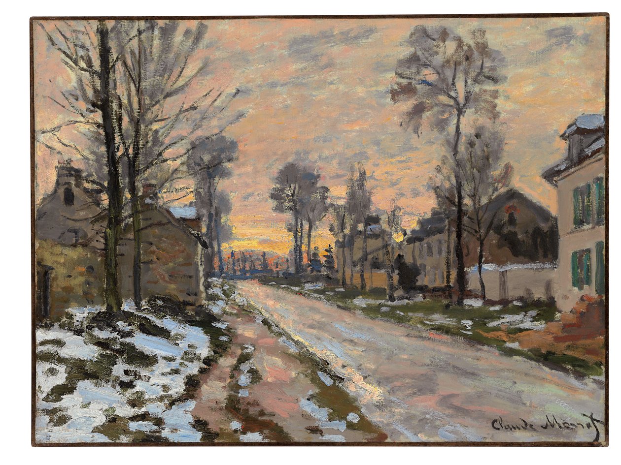 Route naar Louveciennes, smeltende sneeuw, ondergaande zon, ca. 1869-70 door Claude Monet