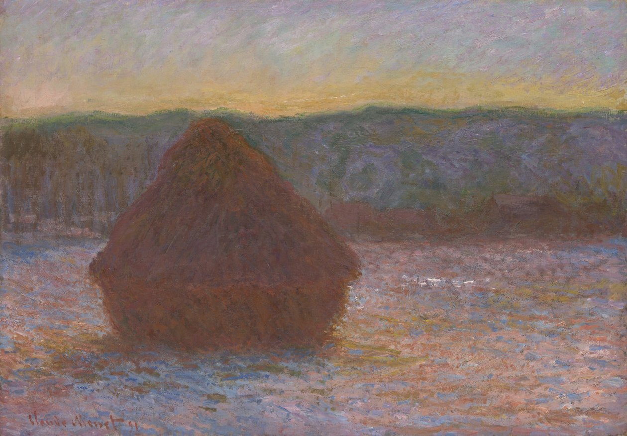 Stapel Tarwe (Dooi, Zonsondergang) door Claude Monet