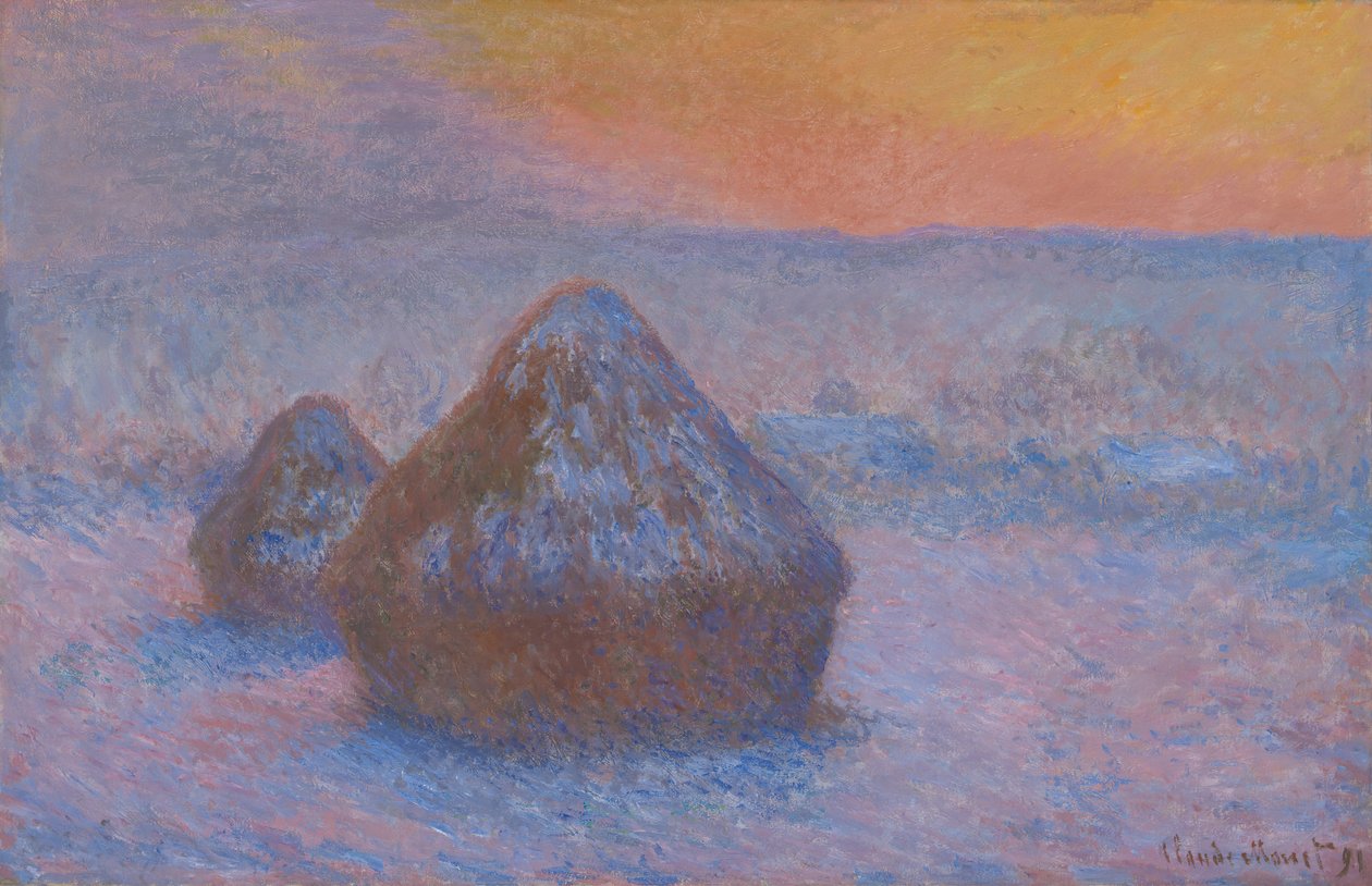 Stapel Graan Zonsondergang, Sneeuweffect door Claude Monet