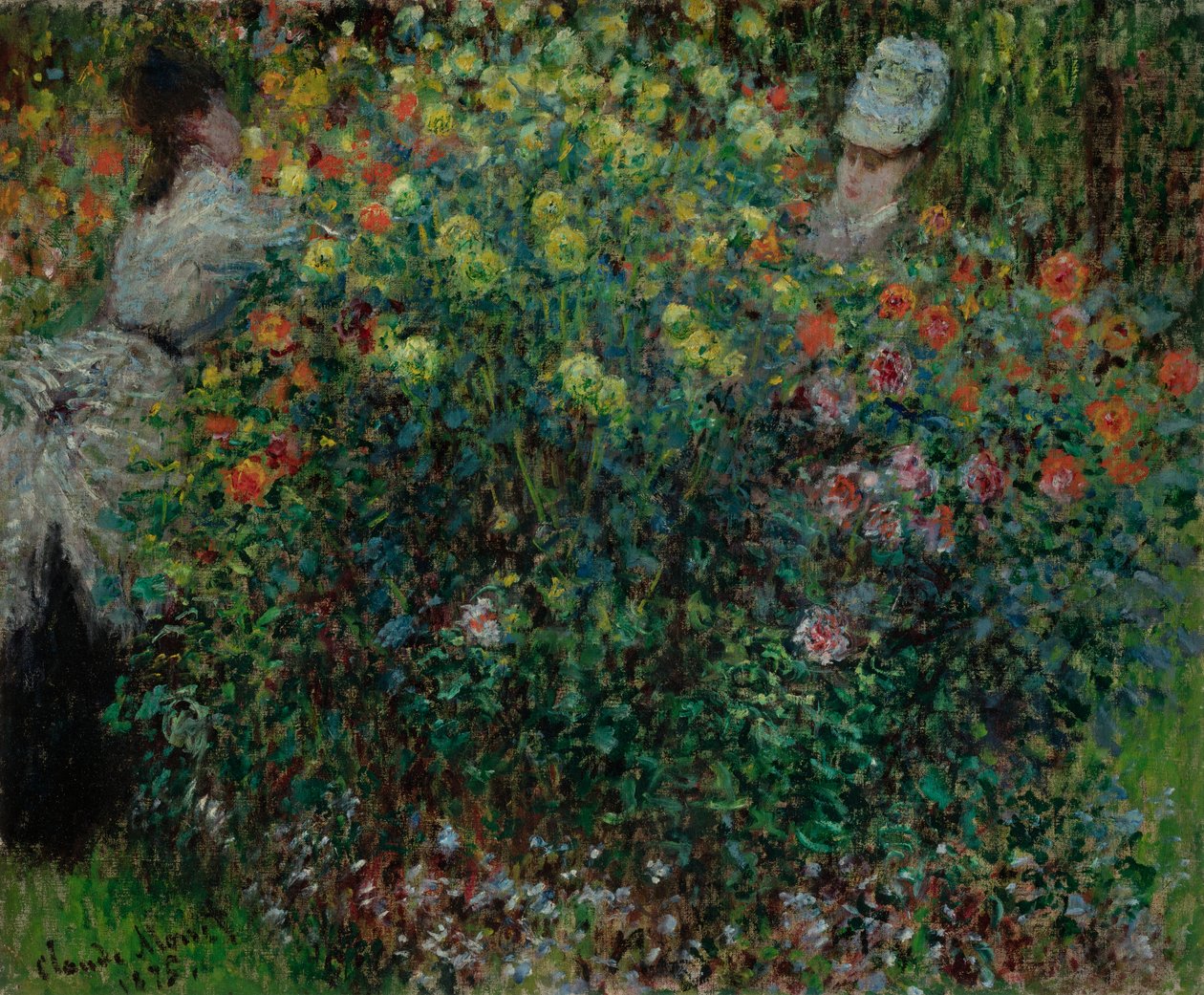 Twee vrouwen tussen de bloemen door Claude Monet