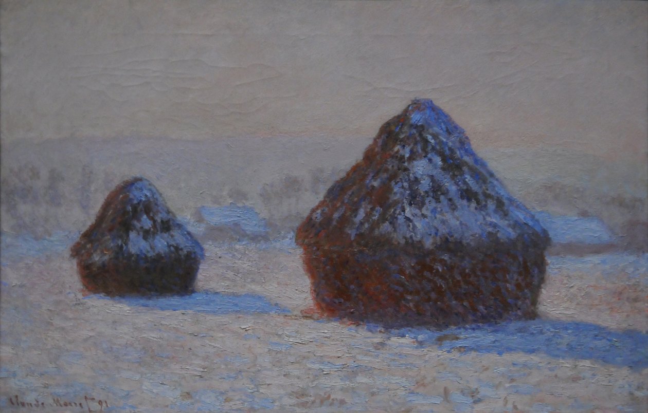 Korenstapels, sneeuweffect, ochtend, 1891 door Claude Monet