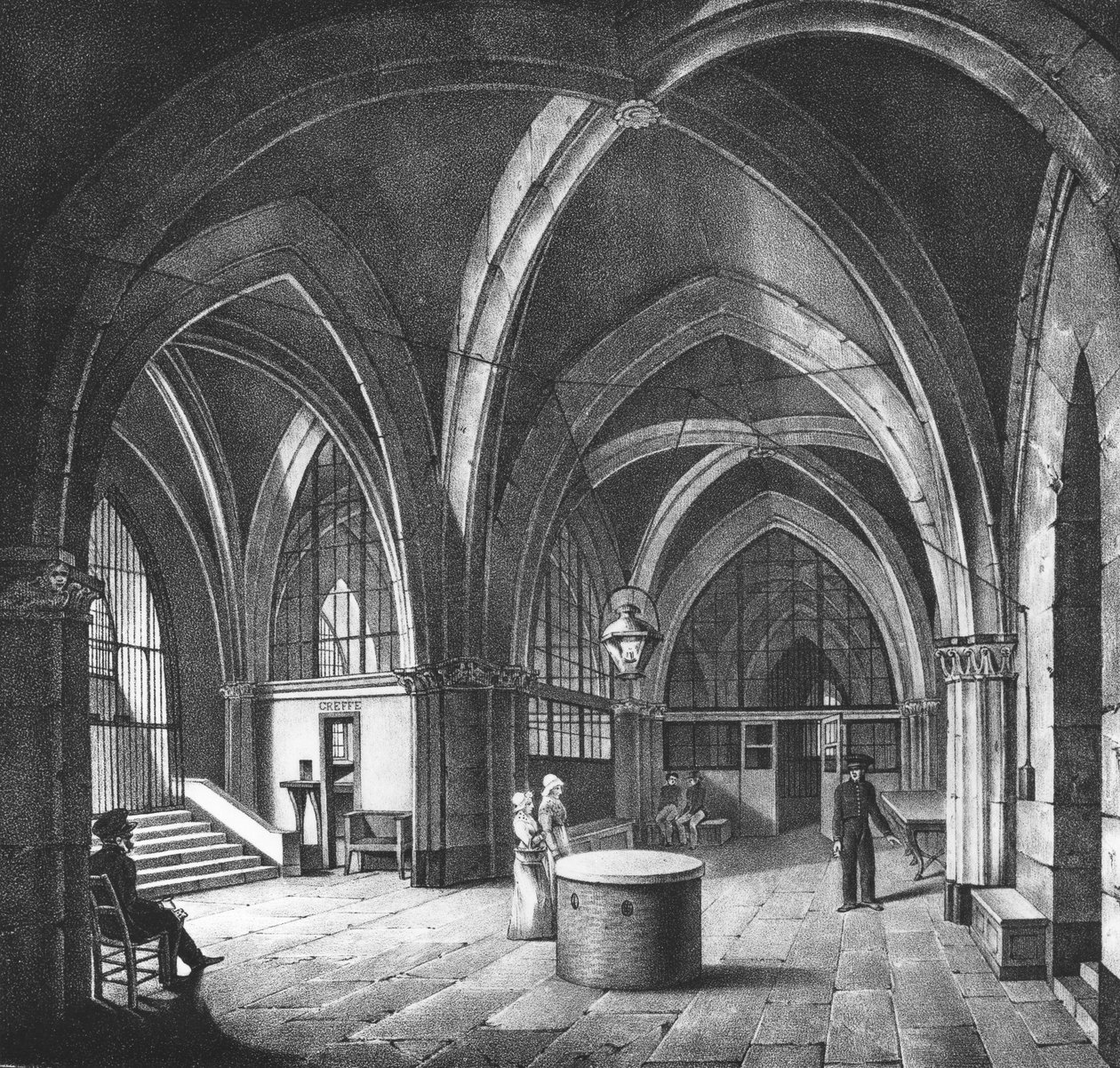 Interieur van de ingangskamer in de Conciergerie-gevangenis, gegraveerd door Alphonse Urruty (1800-70) c.1831 door Collard