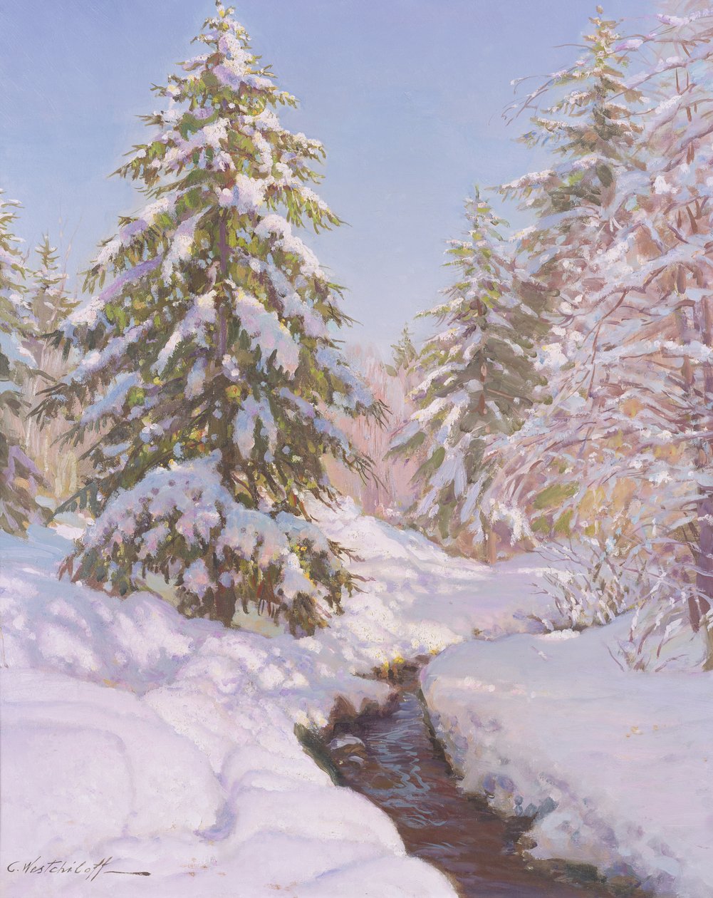 Sneeuwscène in Frankrijk door Constantin Alexandrovich Westchiloff