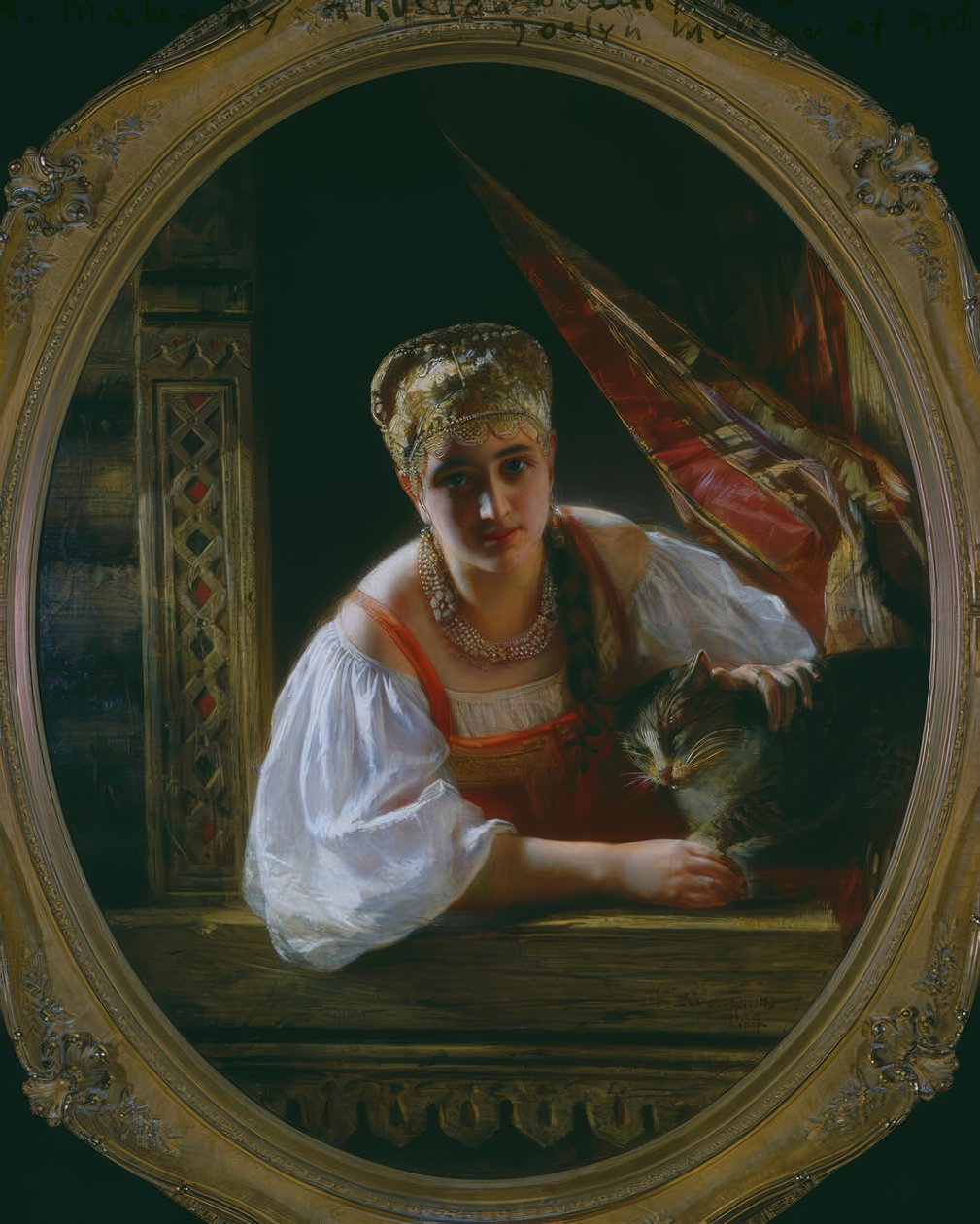 Russische schoonheid met kat door Constantine Egorovitch Makovsky