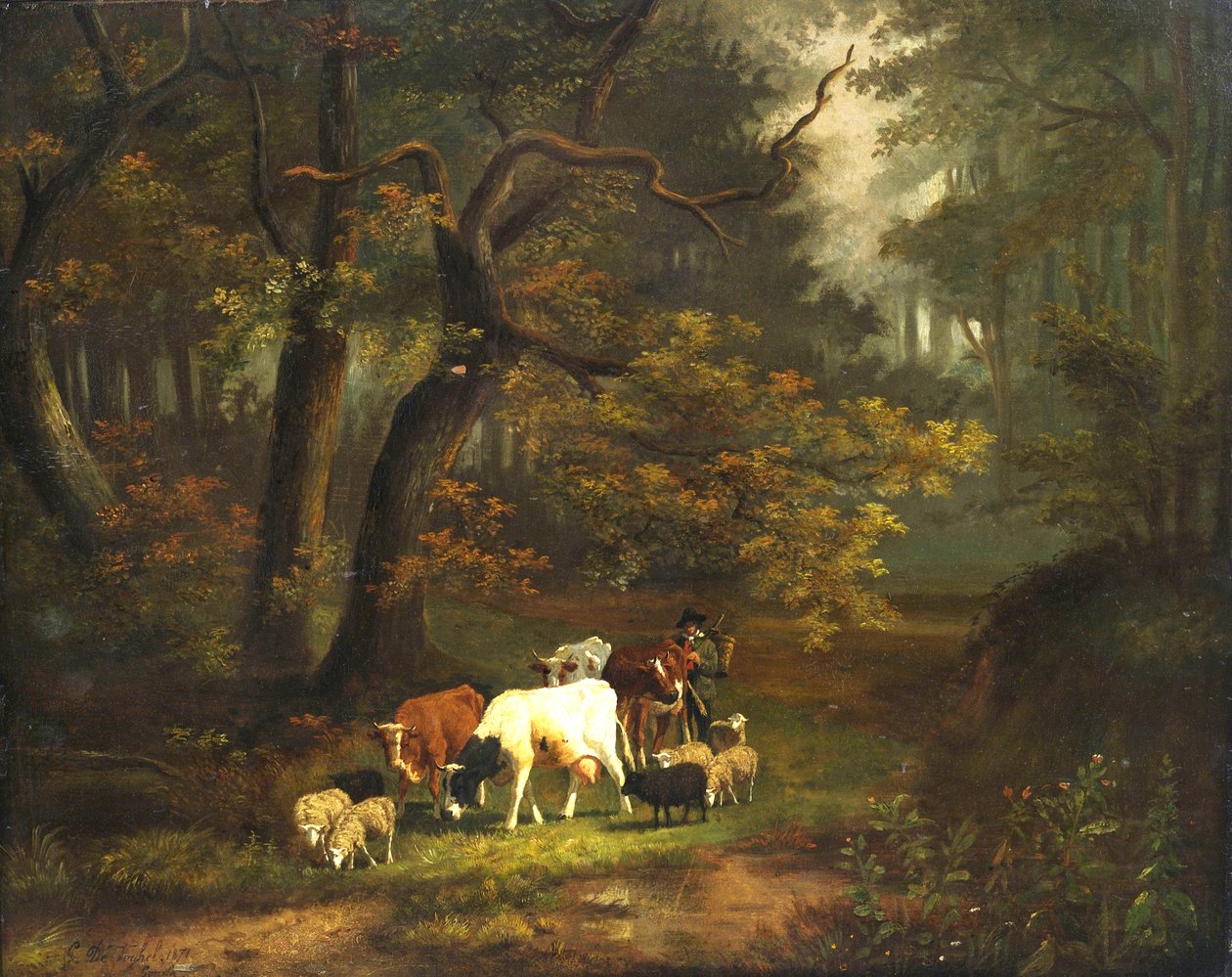 Bosinterieur met kleine kudde koeien en schapen door Cornelis Johannes de Vogel