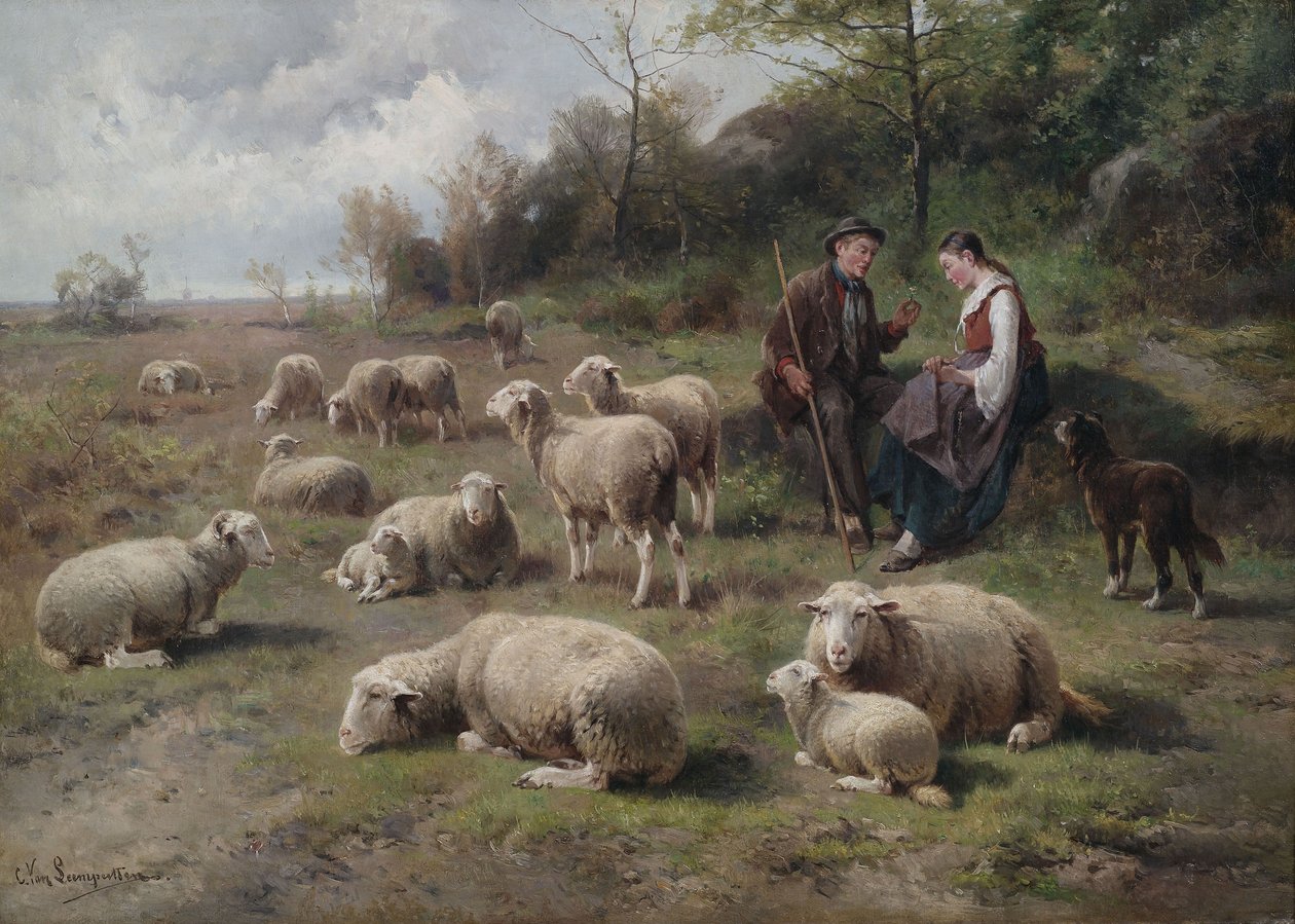 Herderspaar met kudde in weidelandschap door Cornelis van Leemputten