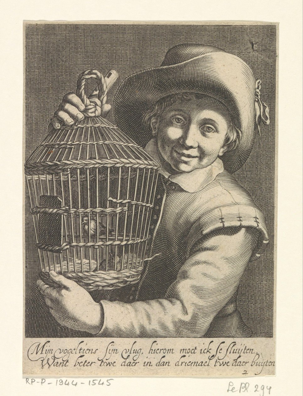 Jongen met vogelkooi door Cornelis Bloemaert (II)