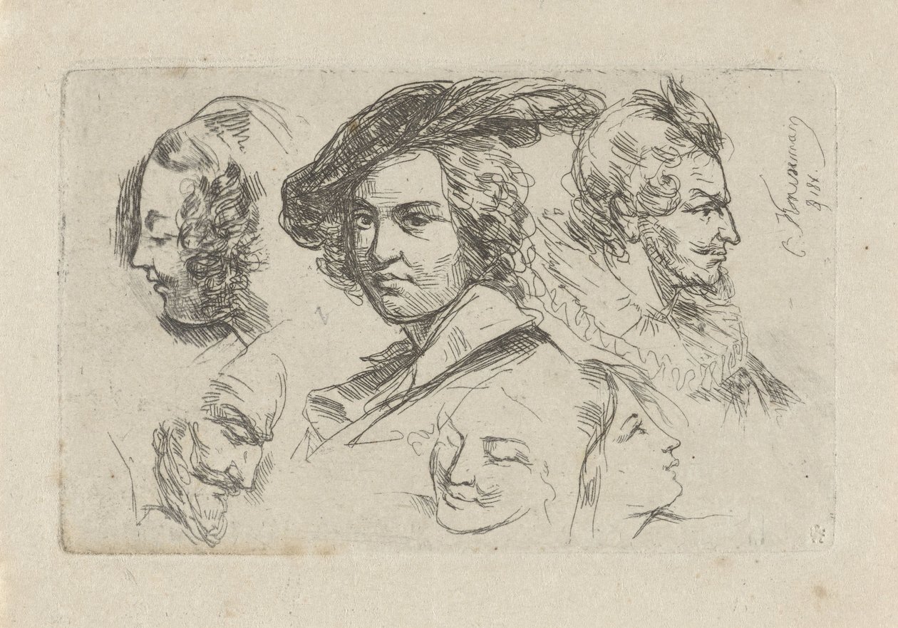 Studieblad met zes koppen door Cornelis Kruseman