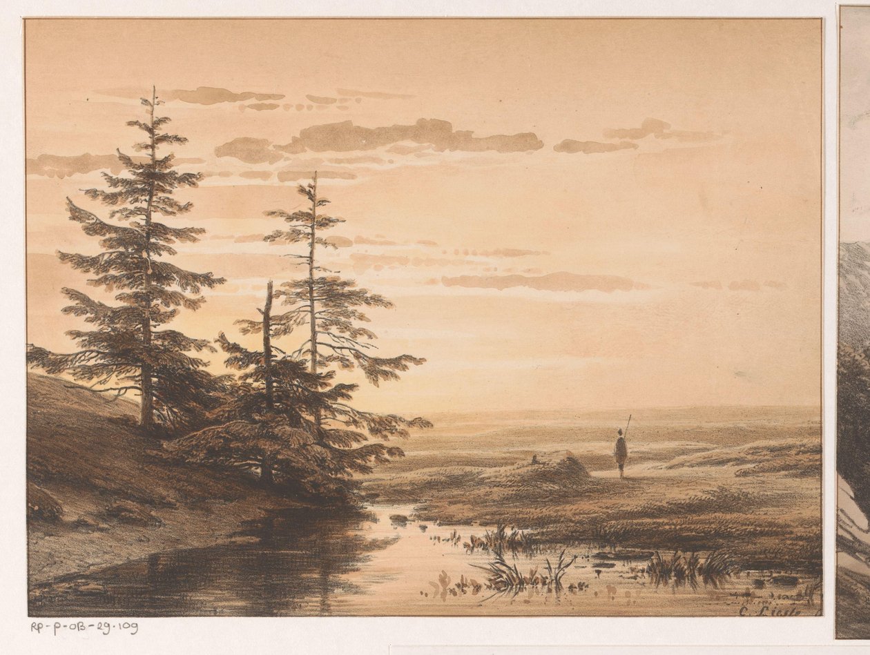 Landschap met zonsondergang door Cornelis Lieste