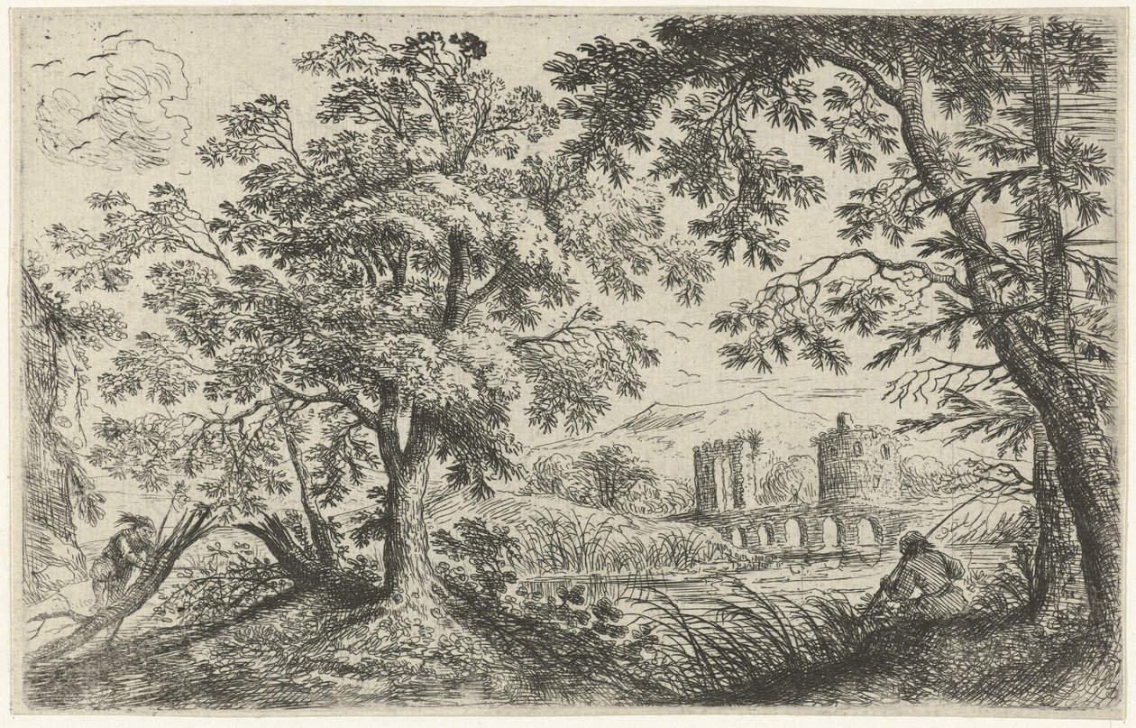 Landschap met een visser door Cornelis Matthieu