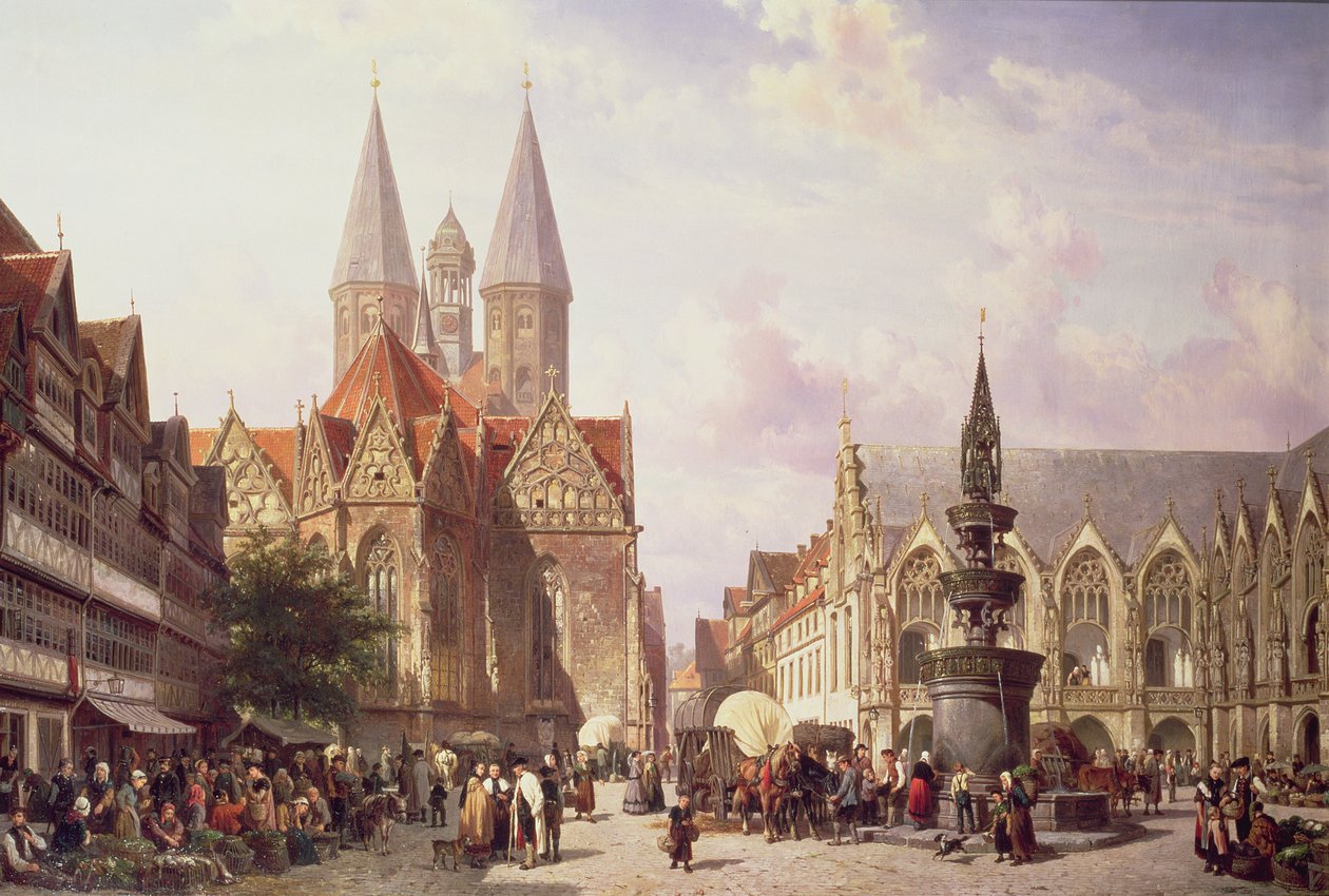 Marktscène in Braunschweig door Cornelis Springer