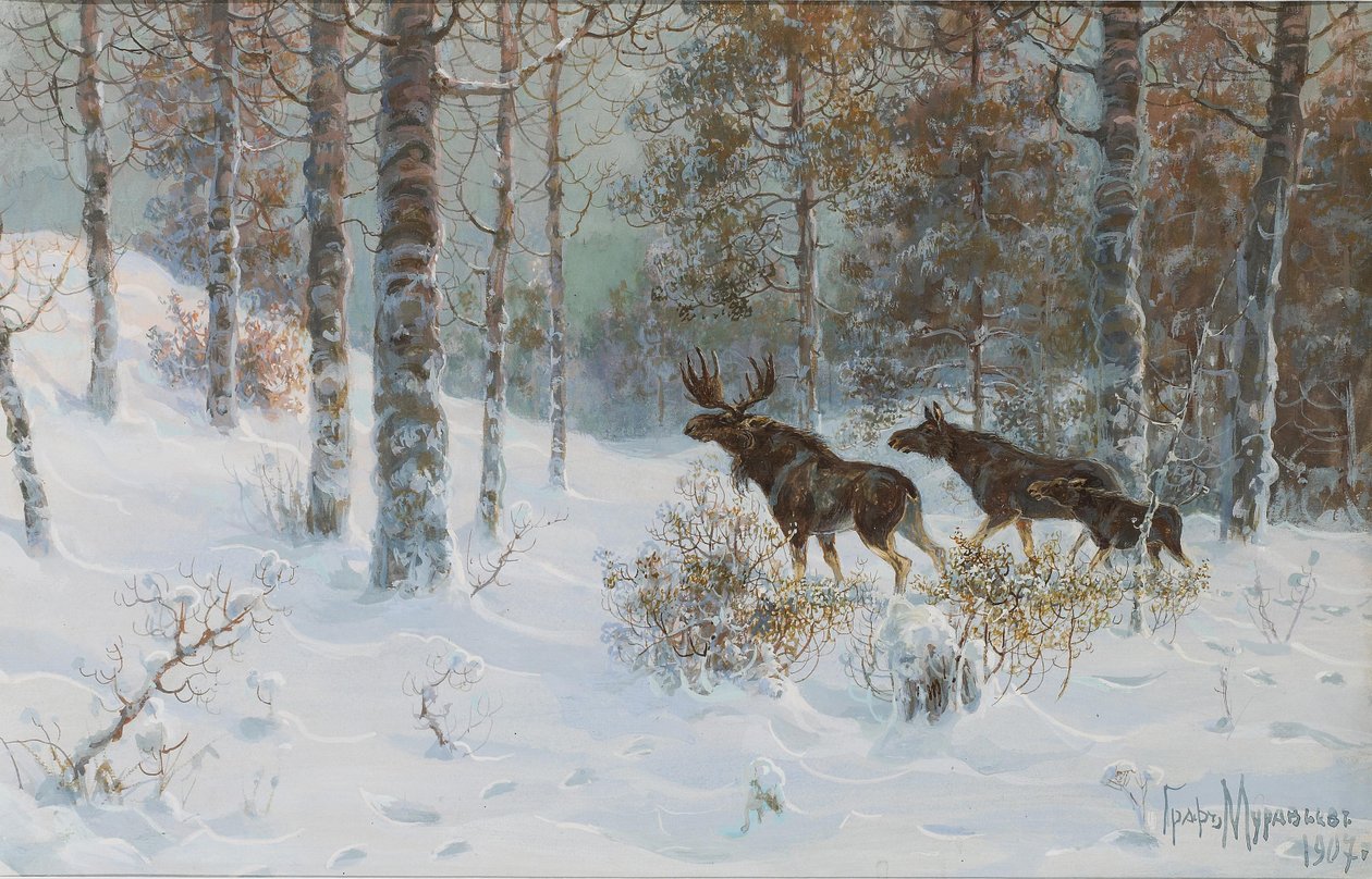Winterlandschap met Elanden, 1907 door Count Vladimir Leonidovich Muravyov