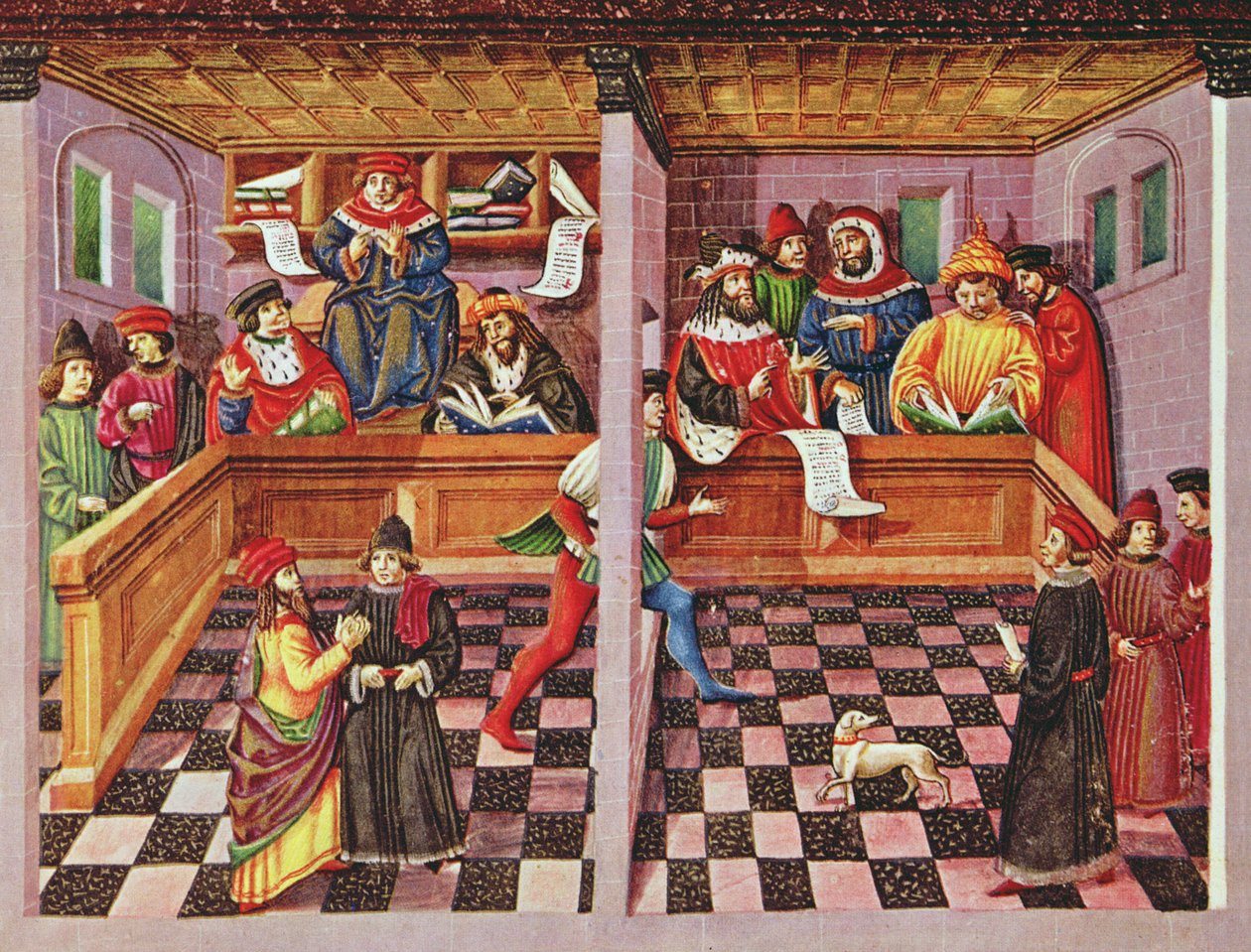 Ms Lat. 209 fol.8v Tribunaal van de wetenschappers, uit 